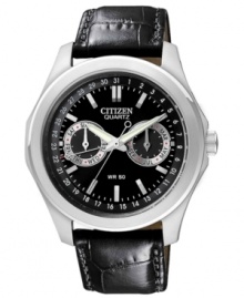 A finishing touch for business suits and vacation attire alike. This handsome Citizen watch features a multi-function dial and rich black leather.