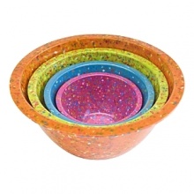 Zak Designs Inc. Confetti four piece bowl set. The confetti bowls are made from 100% recycled durable melamine, so being environmentally friendly never looked so fun.