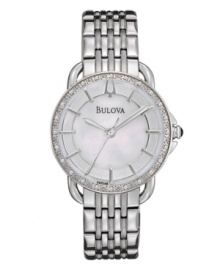 Illuminate your everyday look with this radiant watch by Bulova. Stainless steel bracelet and round case. Bezel embellished with 24 diamond accents. White mother-of-pearl dial features applied silver tone stick indices, three hands and logo. Quartz movement. Water resistant to 30 meters. Three-year limited warranty.