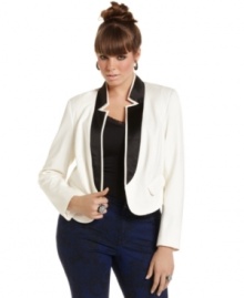 Layer stylish structure to your look with Baby Phat's plus size jacket, featuring a double-lapel.