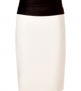 Stylish pencil skirt in fine, virgin wool - Elegant, on-trend black and white color blocking - Back zip and sexy side slit - Fitted and ultra-flattering, hits above the knee - Large, corset-style belt with pleat detail - Glamorously refined, effortlessly seductive - Pair with a sheer or button down silk blouse and cropped leather jacket - Style with a clutch and platform pumps