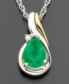 Timelessly enchanting, this pear-cut emerald (1/2 ct. t.w.) hangs primly from a sterling silver chain, enhanced with round-cut diamond accents and set in 14k gold & sterling silver. Approximate length: 18 inches. Approximate drop: 1/2 inches.