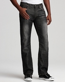 Buffalo's straight leg jeans feature distressing on the pockets and fading on thighs for instant worn-in cool.