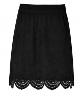 Stylish skirt in fine, pure black cotton - On-trend, decorative eyelet detail - Slim, modified A-line silhouette - Gently pleated, with a scalloped hem - Gathered, elasticated waist and slash pockets at sides- Hits above knee - Chic and ready for summer, seamlessly transitions from work to weekend - Pair with a tank and cardigan or silk top and wedges or sandals