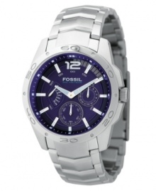 A subtly nautical-inspired style from Fossil, this men's watch is a sophisticated look for an on-the-go lifestyle. Silvertone stainless steel bracelet and round case. Navy dial with logo, three subdials and stick indices. Quartz movement. Water resistant to 100 meters. 11-year limited warranty.