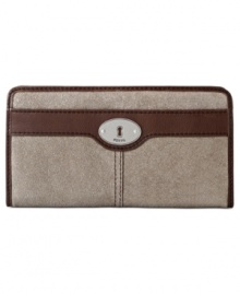 Make a move to metallic with this mod suede clutch from Fossil. Pocket-lined and perfectly sized to slip inside a handbag, it's a stylish way to stay organized.