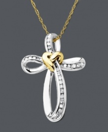 Express your faith in shimmery style. Swirling cross pendant crafted in polished sterling silver with a 14k gold heart accent. Channel-set diamonds dust the surface for extra sparkle. Approximate length: 18 inches. Approximate drop: 1-1/5 inches.