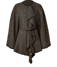 Rich, textured knits take a sophisticated turn with Etros sumptuous, clay-hued wool and silk poncho - Elegantly mottled tweed compliments the chocolate leather piping - Easy fit, with a round neck, decorative draped front and tie-cinched waist - Truly versatile and elegant, ideal for pairing with everything from jeans and a light pullover to a leather skirt and button down blouse