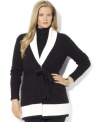 Lauren Ralph Lauren's must-have plus size cardigan is rendered in a cozy cotton blend with bold color-blocked details and an elegant self-tie waist for an extra-feminine finish.