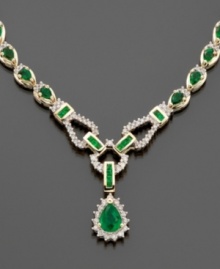 This exquisite royalty-inspired design presents emeralds (8-1/3 ct. t.w.) fully surrounded by diamonds (1-1/5 ct. t.w) in a dramatic 14k gold toggle-style drop necklace. Approximate length: 17 inches.