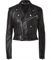 The ultimate investment piece, this biker-styled leather jacket from Ralph Lauren Collection adds edgy-cool appeal to any look - Classic motorcycle styling, spread collar with snaps, epaulets, long sleeves, zip pockets and cuffs, belted waist, cropped silhouette - Wear with high-waisted skinnies and a fitted top or a mini dress and heels