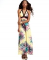 Get tropical in this halter maxi dress from Baby Phat, where a colorful, oversized print promotes beach-ready style!