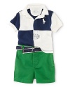 A short-sleeved cotton mesh rugby is paired with a preppy chino short for a cute, classic look that is made complete by a nautical-inspired grosgrain ribbon belt