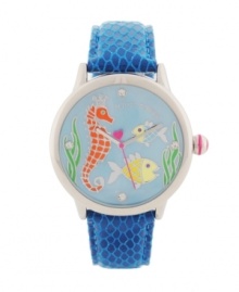 Enchantment under the sea, by Betsey Johnson. Watch crafted of teal croc-embossed leather bracelet and round silver tone mixed metal case. Mother-of-pearl dial features ocean graphic with crystal accents, round crystal accent markers at twelve, three, six and nine o'clock, hour and minute hands, signature fuchsia second hand and logo. Quartz movement. Water resistant to 30 meters. Two-year limited warranty.