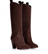 Timeless styling gets a kick of Wild West in Marc by Marc Jacobs tall suede boots, finished with a chunkier cowboy-style heel for that edgy modern feel - Rounded toe, side pull tabs, stacked leather heel - Pull-on style, knee height - Wear with favorite skinnies and chunky knit pullovers, or over opaque tights and edgy modern separates