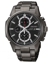 A structured steel silhouette lends a solid presence to this solar-powered watch from Seiko.