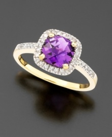 Purple reigns her heart. Exquisite cushion-cut amethyst (1 ct. t.w.) is framed with stunning round-cut diamonds (1/6 ct. t.w.) and set in 14k yellow gold.