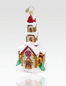 In stunning mouthblown European glass, this snow-capped cathedral ornament packs elegant pastoral charm.Mouthblown, handpainted glass 5½ high Made in Poland