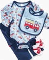 This set from Cutie Pie will have him truckin' along in adorable style. Includes pants, faux sneaker looking socks, a truck printed bodysuit and a bib that gives grandma some love.