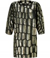 Shimmer into evening elegance in Jay Ahrs radiant gold and black modern brocade dress, perfectly proportioned for an ultra-flattering finish - Rounded neckline, 3/4 sleeves, hidden back zip, mini length - Pair with sky-high pumps and a jet black clutch