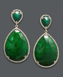 Get ready for a fiesta. These head-turning earrings features teardrop-shaped dyed-green corundum sapphires (65 ct. t.w.) surrounded by round-cut diamonds (3/4 c.t. t.w.). Set in 14k gold. Stones are from Brazil.