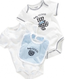 It doesn't get any cuter than this GUESS? bodysuits and bib set for your baby boy.