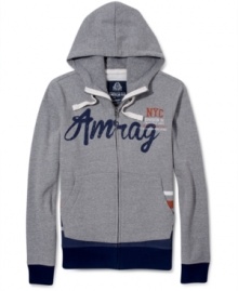 Keep warm in this trendy hoodie by American Rag with unique stripes and contrast hems.