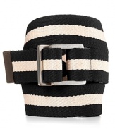 The double silver buckle gives this sporty stripe belt a sharp, modern edge.