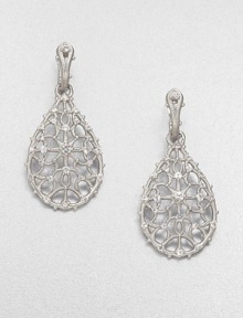 From the Lace Collection. An intricate lace motif in sleek sterling silver accented with sparkling white sapphires. White sapphireSterling silverDrop, about 1.6Lever backImported 