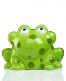 Just waiting to be fed, the Pitter Patter frog bank from Gorham sets his gaze on approaching nickels and dimes. Big spots in shades of green give it tons of personality that's fun for kids' rooms.