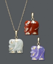 Mix and match while adding a touch of good luck! Three interchangeable elephant charms carved out of jade (13 mm) come in hues of green, lavender, and red. Setting and chain crafted in 14k gold. Approximate length: 18 inches. Approximate drop: 1 inch.