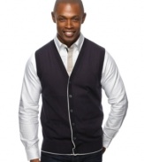 Button up and break out of your style funk with this tipped button-front sweater vest from Argyleculture.