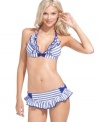 As pretty as a sunny day, Betsey Johnson's ruffle-skirted brief features sweet stripes and cute contrasting bows!