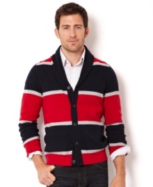 Dress in quintessential fall style with this striped shawl collar cardigan from Nautica.