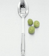 A must-have basic for any well-appointed kitchen. Use this slotted spoon to easily taste test pastas and veggies or as a sleek server. Hand-forged in 18/10 stainless steel with an ergonomic design and All-Clad's commitment to quality craftsmanship. Dishwasher safe. Carries All-Clad's 1-year limited warranty against defects. Not recommended for use with nonstick cookware.