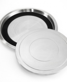 Now that's service. The answer to entertaining, KitchenTrend's collection of stainless steel serving platters uses an oil-filled disk to heat or chill food for up to two hours. Simply place the TemperDisk in the oven or freezer prior to using then place one of the serving plates on the insulating ring and outer tray for an instant solution to creating sensational dishes.