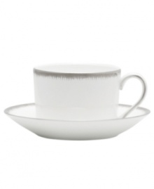 Fresh and cool in crisp white, the Silver Leaf Imperial teacup delivers modern style and iconic craftsmanship. Delicate feathered platinum applied using Wedgwood's signature technique shimmers with whimsy on sleek bone china.