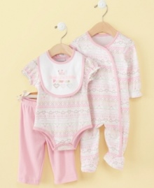 Everyone will feel the love when they see her in this pastel set from First Impressions. Set includes footed coverall, bodysuit, pants and bib.