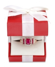 Crimson bliss. Emerald-cut rubies (1-5/8 ct. t.w.) edged by round-cut diamonds (1/5 ct. t.w.) adorn this brilliantly-hued ring. Set in 14k rose gold.