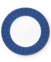 Set the table with poise and purpose. The Library Lane accent plate features a bold navy band with small gold polka dots.