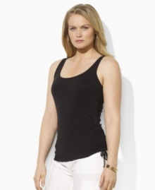 A ruched bodice elevates Lauren by Ralph Lauren's  traditional plus size cotton tank to a versatile, feminine piece, ideal for layering or worn on its own during warmer months.