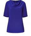 Turn heads with a rich burst of color in Piazza Sempiones lush, royal blue top - Soft, summer weight silk blend material - Gorgeous draped cowl neck and elbow-length sleeves - Elegant, slim silhouette tapers through waist and flares gently at hem - Zips at back - Pair with cropped trousers, cigarette pants or a pencil skirt