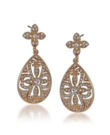 A feminine floral motif adorns Carolee's dazzling double-drop earrings. Wear them to dress up your workday wardrobe or enhance an evening look. Crafted in gold tone mixed metal with sparkling glass stones. Approximate drop: 1-3/4 inches.