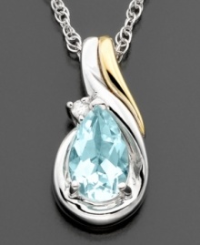 Evoking tranquility, this brilliant pear-cut aquamarine (5/9 ct. t.w.) brings subtle magic to this necklace. With round-cut diamond accents on 14k gold and sterling silver. Approximate length: 18 inches. Approximate drop: 1/2 inches.