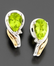 Bright and brilliant pear-shaped peridot (1-5/8 ct. t.w.) is at its element in these earrings with round-cut diamond accents set in 14k gold & sterling silver. Approximate length: 1/2 inches.