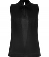 Detailed with a cute bowtie and sultry open back, Moschino C&Cs black sleeveless knit top is a fun feminine choice for dressing up your look - Short stand-up collar with tonal satin trim and bowtie, sleeveless, fine ribbed trim, slit back, snap closures at the nape - Fitted - Wear with figure-hugging separates and platform peep-toes