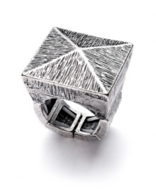 When style and geometry combine, it's easy to shape up your look! Bar III's edgy statement ring features a chic pyramid shape, textured surface, and stretch design. Crafted in burnished silver tone mixed metal.