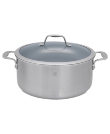 Combining a history of professional performance and unbeatable quality with stainless steel mastery, this fully clad 3-ply dutch oven takes center stage in your space. The eco-friendly Thermolon nonstick ceramic coating and thick aluminum core promote hassle-free meals where food cooks quickly, evenly & releases with ease. 2-year warranty.