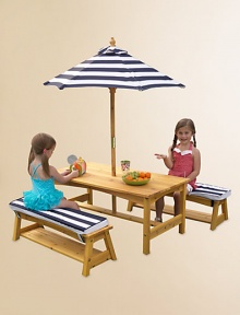 Little ones will love picnics and playtime under the shade in this weather-resistant wood table set with a striped canvas umbrella and soft striped cushions. Sturdy construction and a weather-resistant finish ensures the fun will last season after season.Bench table2 matching benches with storageStriped canvas umbrella & 2 matching cushionsTable: 42L X 22.64W X 18.98HBench: 35.83L X 11.34W X 10.43H44 lbsConstructed from canvas, Sanmu wood & foamImported