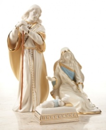 The miracle of the Baby Jesus is gracefully portrayed in this beautiful three piece set. Made of richly glazed porcelain and soft bisque, this set includes Mary and Joseph, whose faces express their awe and love for the newborn king. Each sculpture is exquisitely hand painted and are truly treasures.